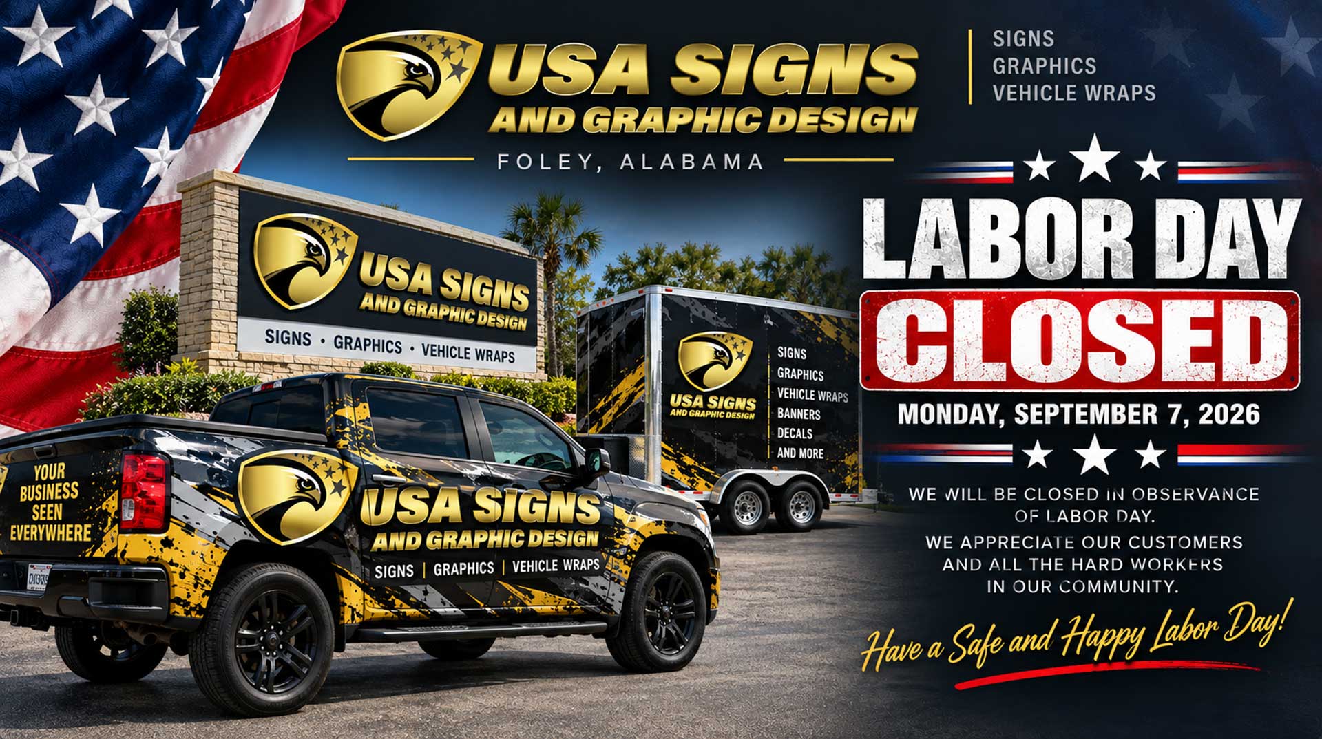 USA Signs and Graphic Design Labor Day Closed - Monday September 7, 2026